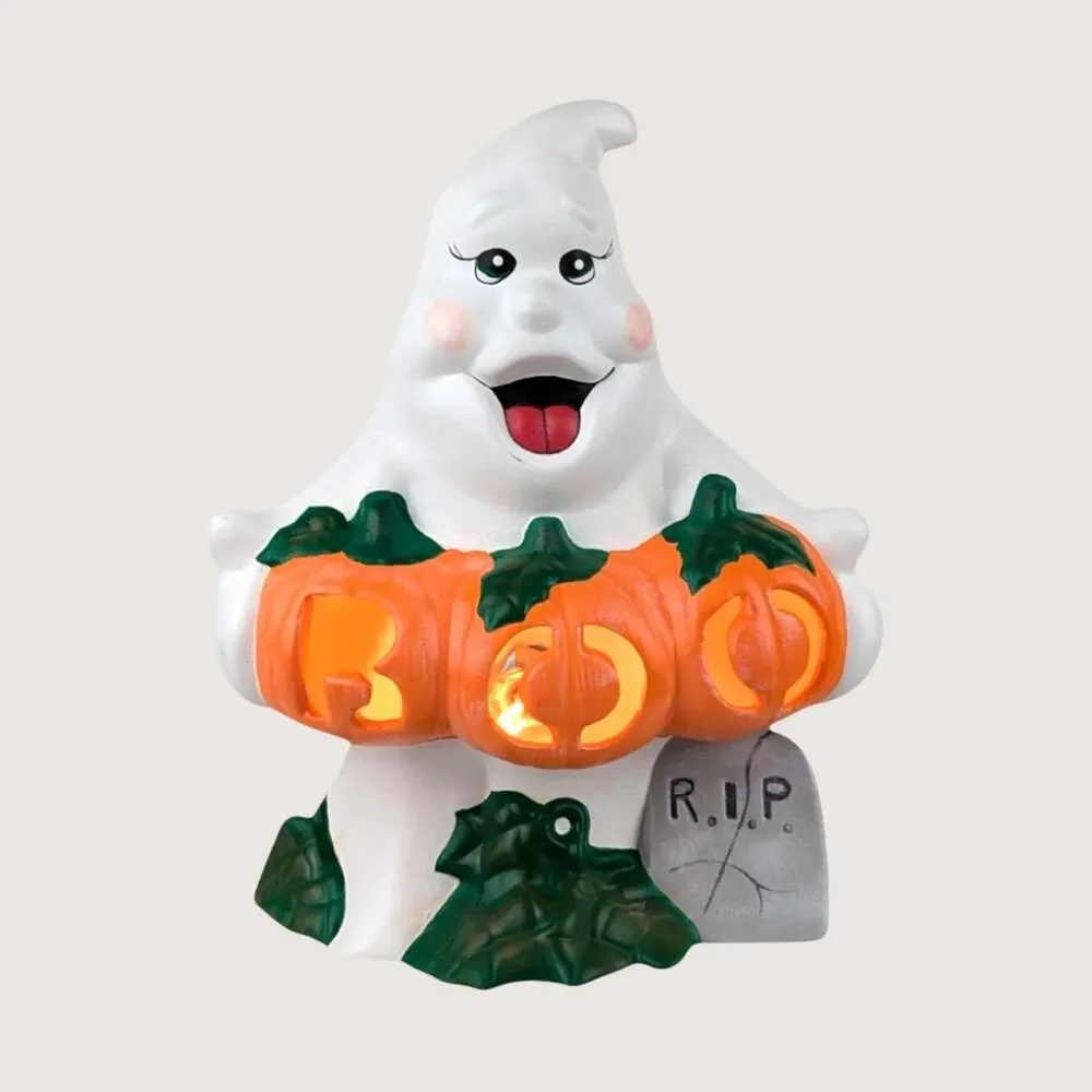 Vintage Light Up Ceramic Ghost Holding Boo Pumpkins Halloween Figurine